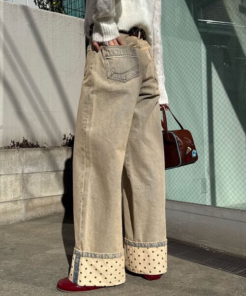 ワイドパンツ ジーンズ デニム デニムパンツ ロールアップドットワイドデニムパンツ レディースの画像