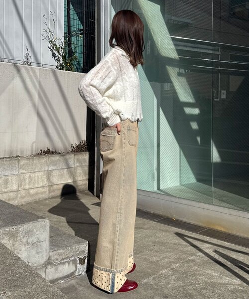 ワイドパンツ ジーンズ デニム デニムパンツ ロールアップドットワイドデニムパンツ レディースの画像