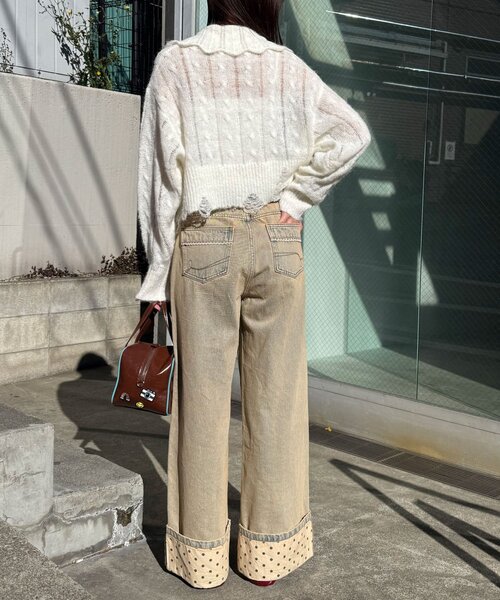 ワイドパンツ ジーンズ デニム デニムパンツ ロールアップドットワイドデニムパンツ レディースの画像