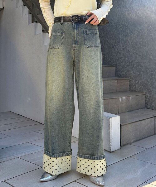 ワイドパンツ ジーンズ デニム デニムパンツ ロールアップドットワイドデニムパンツ レディースの画像