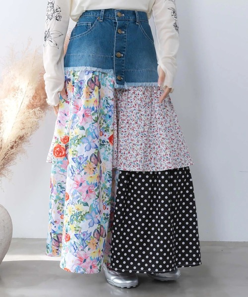 総柄カラフルパッチワーク☆デニムフレアパンツ☆2wayデニムベスト☆巻きスカート ScoLar（スカラー） スカート 2WAY デニム × パッチワーク スカート