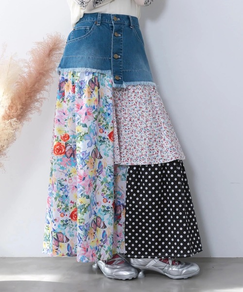 新品未使用品　ScoLar フレアロングスカート ScoLar（スカラー） ロング スカート 2WAY デニム × パッチワーク