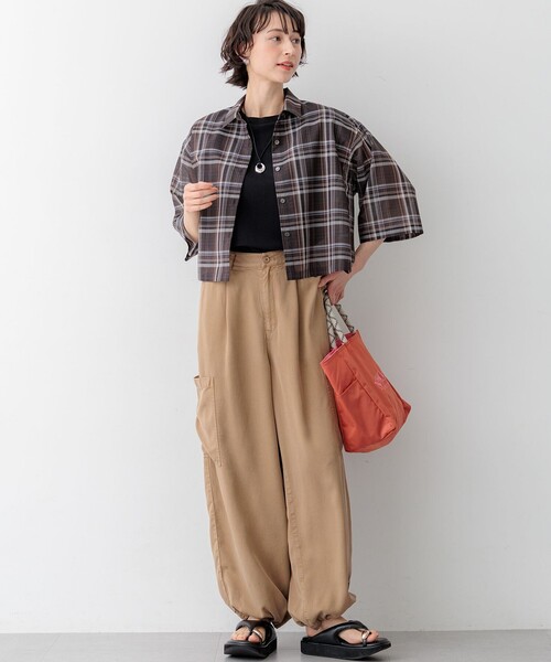 ブラウス シャツ ハイツイストシアーチェック クロップド レディース 