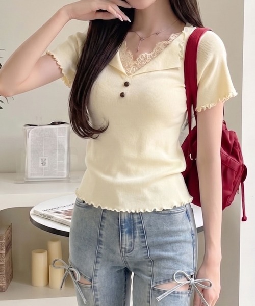 Ada. tシャツ 半袖 レース ドッキング Vネック メロウ 仕上げ