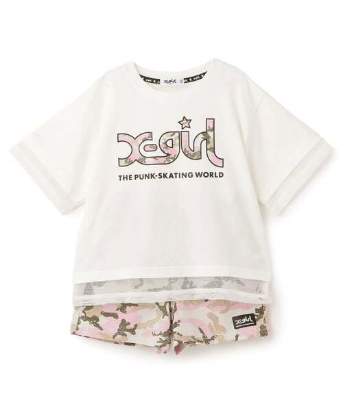 uvカット セットアップ メッシュロゴ半袖Tシャツ+総柄ショートパンツ セット キッズ 子供服 女の子の画像