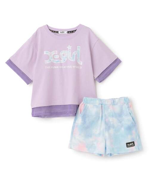 uvカット セットアップ メッシュロゴ半袖Tシャツ+総柄ショートパンツ セット キッズ 子供服 女の子の画像