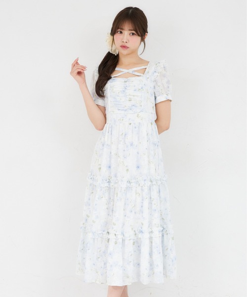 Suyunn ワンピース フリル付きクロスネックラメフラワープリント