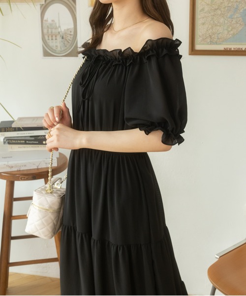 オフショル 2WAY ワンピース フレア ロング シフォン フリル Ada. ワンピース 2WAYオフショルティアードシフォンワンピース