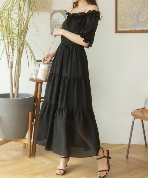 2WAY☆ワンピース オフショル ロング フレア シフォン フリル Ada. ワンピース 2WAYオフショルティアードシフォンワンピース