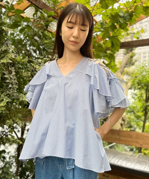 AVIE（アビィ） ブラウス シャツ ストライプレースアップカスケード