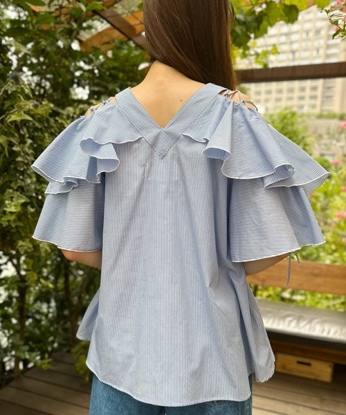 AVIE（アビィ） ブラウス シャツ ストライプレースアップカスケード