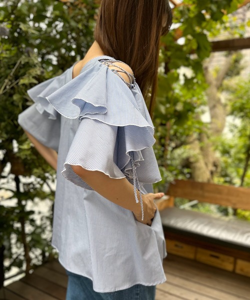 AVIE（アビィ） ブラウス シャツ ストライプレースアップカスケード