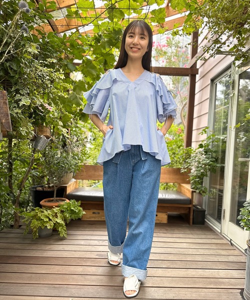 AVIE（アビィ） ブラウス シャツ ストライプレースアップカスケード