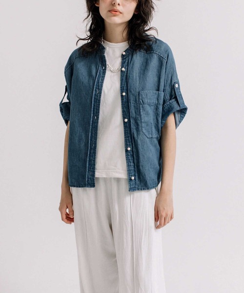 BLANC basque ブランバスク　綿麻デニムパール釦半袖シャツ ブラウス blanc basque ブラウス シャツ 綿麻デニムパール釦半袖シャツ