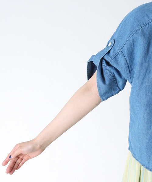 blanc basque ブラウス シャツ 綿麻デニムパール釦半袖シャツ