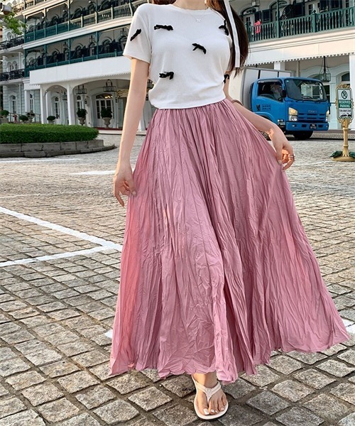 半額以下最終価格⭐️極美品⭐️セオリーリュクス定価4.6万プリーツスカートピンク FREE STYLISTS ロング スカート 皺加工フレアマキシ丈スカート