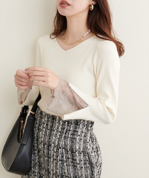 natural couture ニット セーター 前後2WAY袖口レースリブニット