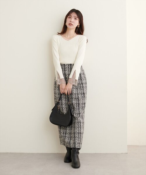 natural couture ニット セーター 前後2WAY袖口レースリブニット