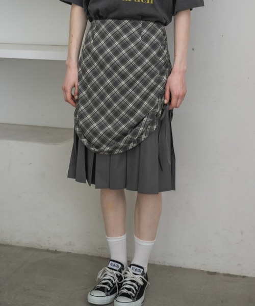 スカート drawstring check pleats skirt / ローウエストドロスト