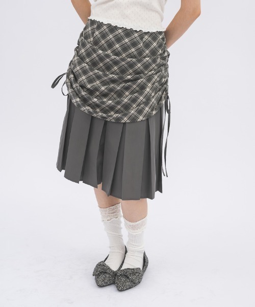 スカート drawstring check pleats skirt / ローウエストドロスト