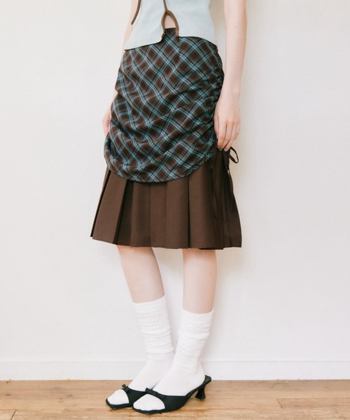 スカート drawstring check pleats skirt / ローウエストドロスト