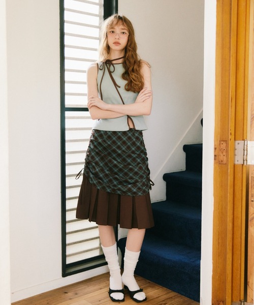 スカート drawstring check pleats skirt / ローウエストドロスト