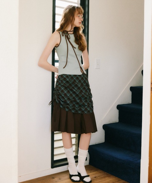 スカート drawstring check pleats skirt / ローウエストドロスト