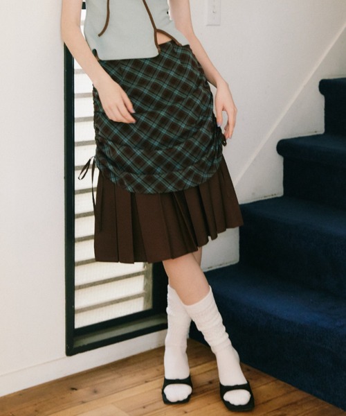 スカート drawstring check pleats skirt / ローウエストドロスト