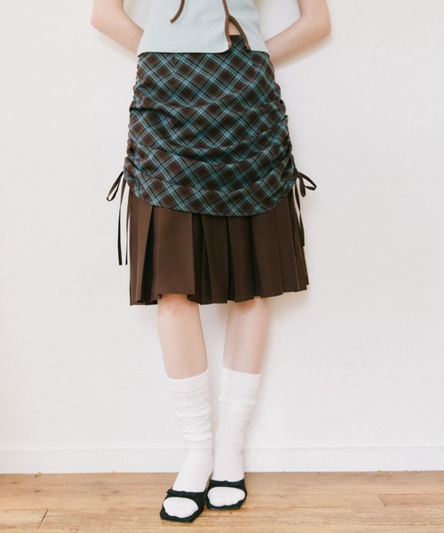 スカート drawstring check pleats skirt / ローウエストドロスト
