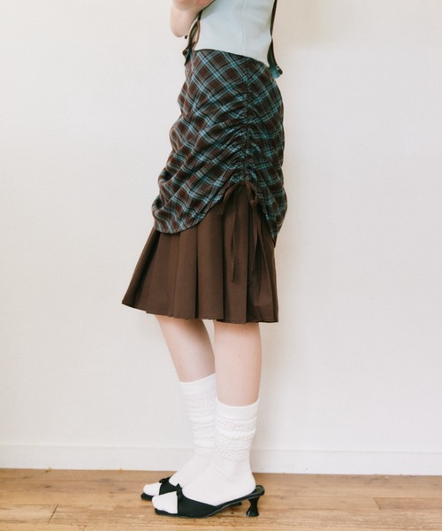 スカート drawstring check pleats skirt / ローウエストドロスト