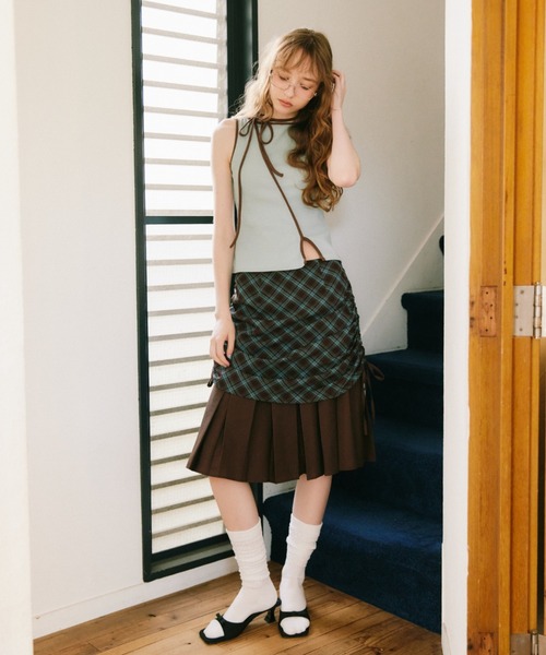 スカート drawstring check pleats skirt / ローウエストドロスト