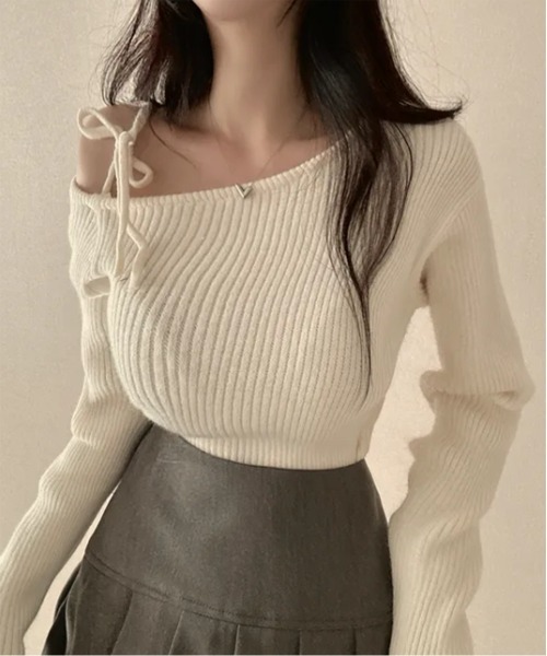 by muni:r ニット セーター アンバランスリボンリブニット レディース