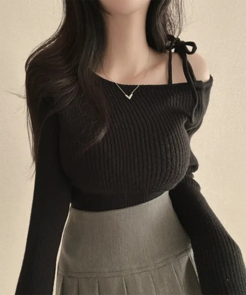 by muni:r ニット セーター アンバランスリボンリブニット レディース