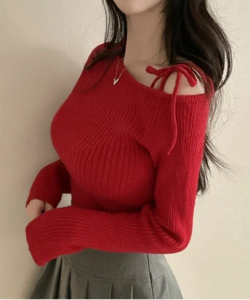 by muni:r ニット セーター アンバランスリボンリブニット レディース