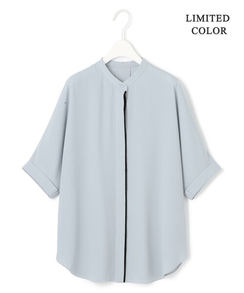 美品 ICB 千鳥格子シャツ バンドカラー XL 黒×白 ICB ブラウス シャツ BackSatinAmunzen 5分袖バンドカラー