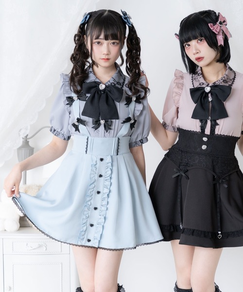 DearMyLove スカート 夏 サス付きビジューハートリボンスカート