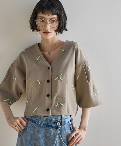 ブラウス シャツ エンブロイダリーmiscクロップド6分袖ワイドシャツ レディース SUMMER SALE】エンブロイダリーmiscクロップド6分袖ワイドシャツ
