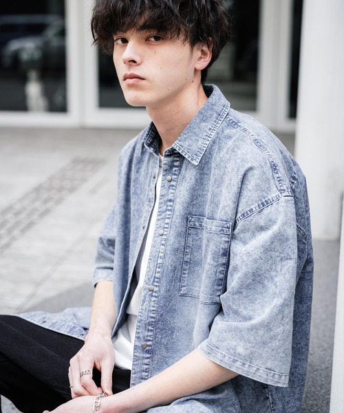メンズ 半袖シャツ オーバーサイズシャツ デニムシャツ Y02340 Rocky Monroe シャツ オーバーサイズユーズドケミカルウォッシュ