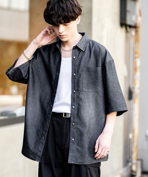 メンズ 半袖シャツ オーバーサイズシャツ デニムシャツ Y02340 Rocky Monroe シャツ オーバーサイズユーズドケミカルウォッシュ