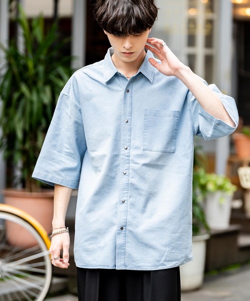 メンズ 半袖シャツ オーバーサイズシャツ デニムシャツ Y02340 Rocky Monroe シャツ オーバーサイズユーズドケミカルウォッシュ
