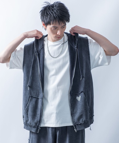 V12 メンズベストパーカー　LINE HOODIE VEST Starting Over ベスト ジレ one point sleeveless zip hoodie