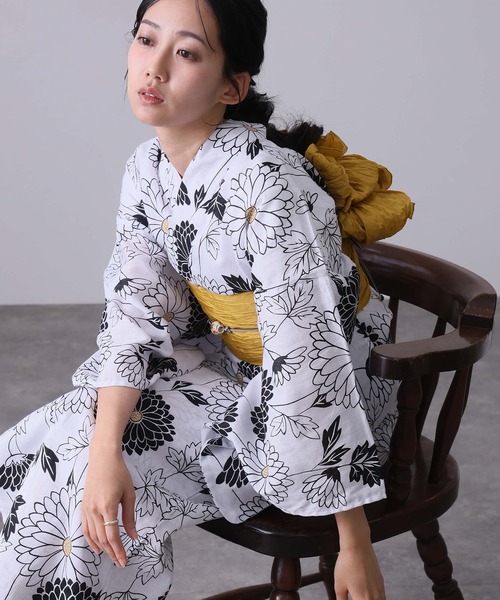 yulie 浴衣 大人浴衣2点セット洗える 綿麻帯 兵児帯 女性 黒 選べる