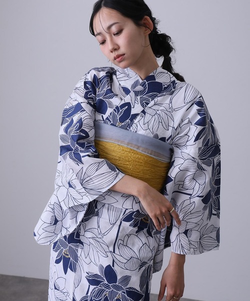 yulie 浴衣 大人浴衣2点セット洗える 綿麻帯 兵児帯 女性 黒 選べる