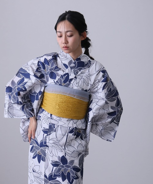 yulie 浴衣 大人浴衣2点セット洗える 綿麻帯 兵児帯 女性 黒 選べる