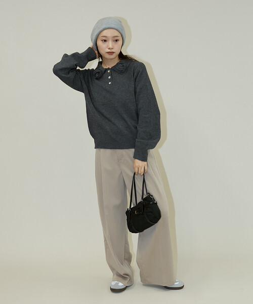 PUBLUX（パブリュクス） ニット セーター フラワーモチーフ付きポロ