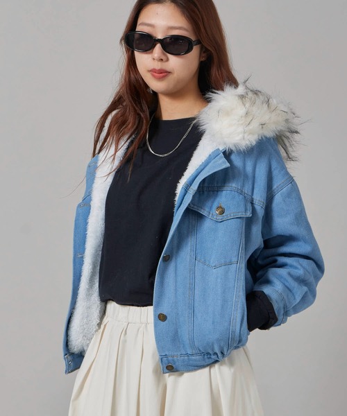 Chick デニムジャケット gジャン Faux Fur Hooded Denim Jacket