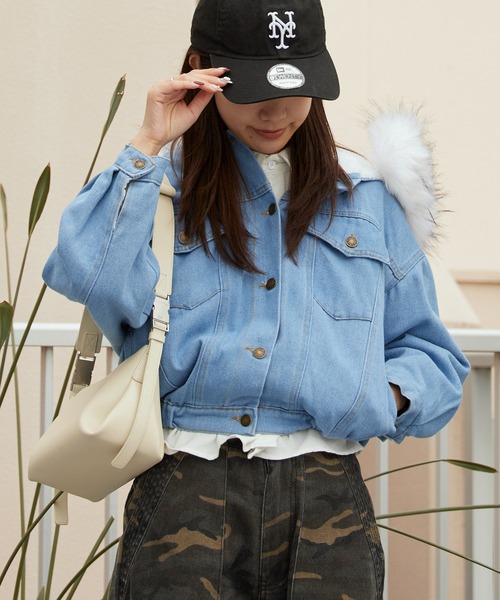 Chick デニムジャケット gジャン Faux Fur Hooded Denim Jacket