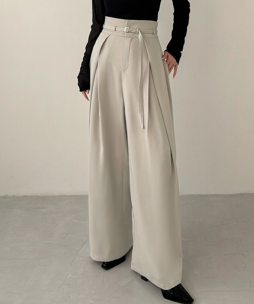 Meiru スラックス パンツ 細ベルトハイウエストタックワイドパンツ Meiru スラックス パンツ 細ベルトハイウエストタックワイドパンツ