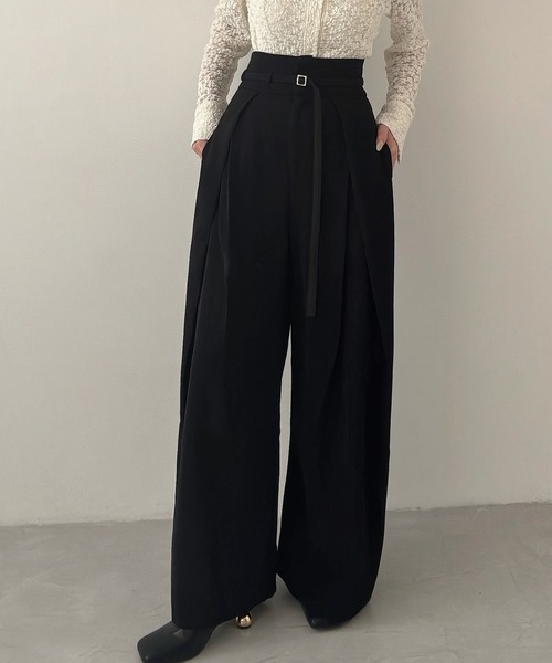 Meiru スラックス パンツ 細ベルトハイウエストタックワイドパンツ