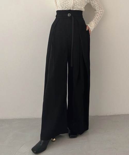 Meiru ワイドパンツ スラックス パンツ 細ベルトハイウエストタック